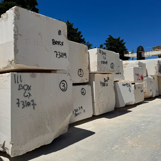 Quarried blocks numbered and stacked in the yard