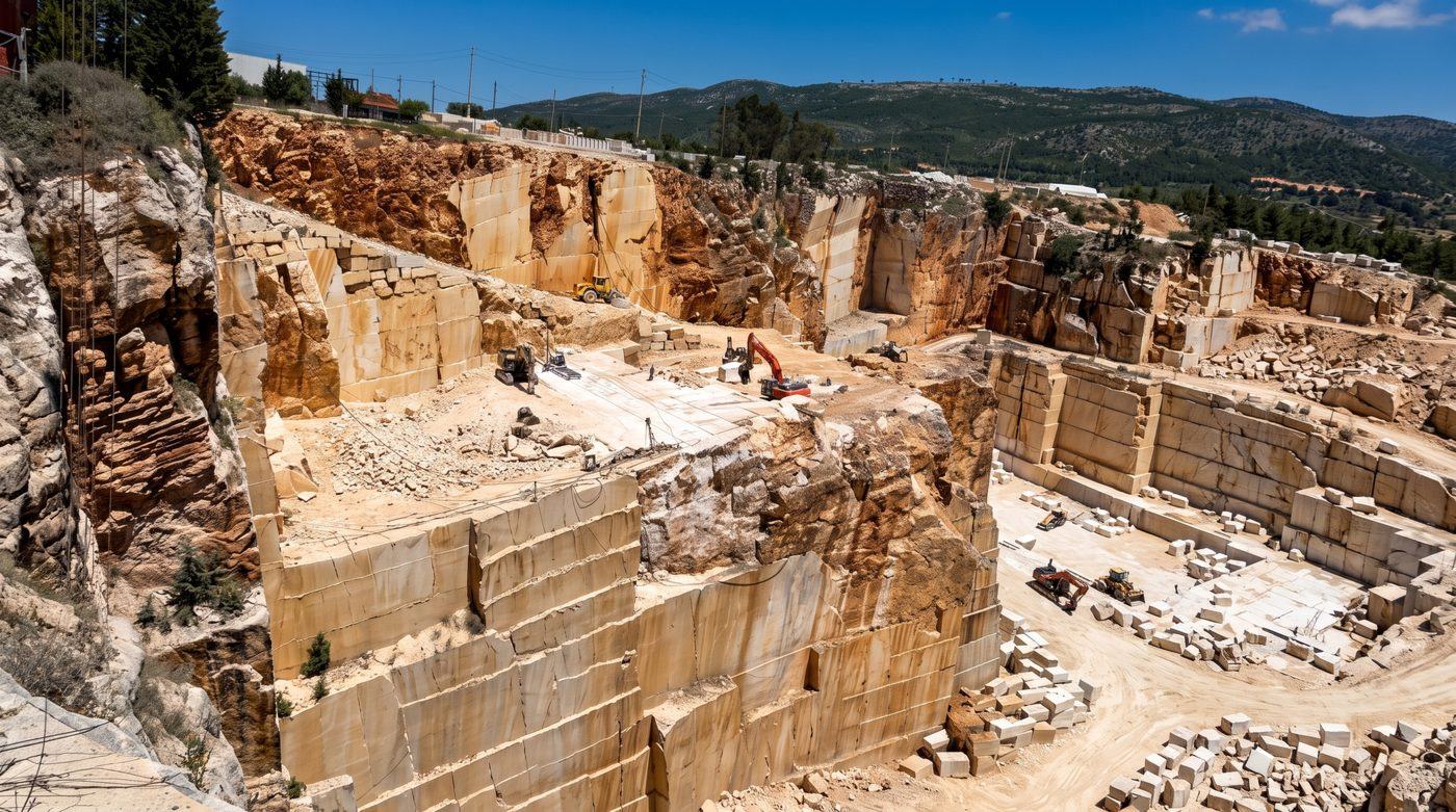 Working marble quarry with terraced benches, cut blocks and machinery