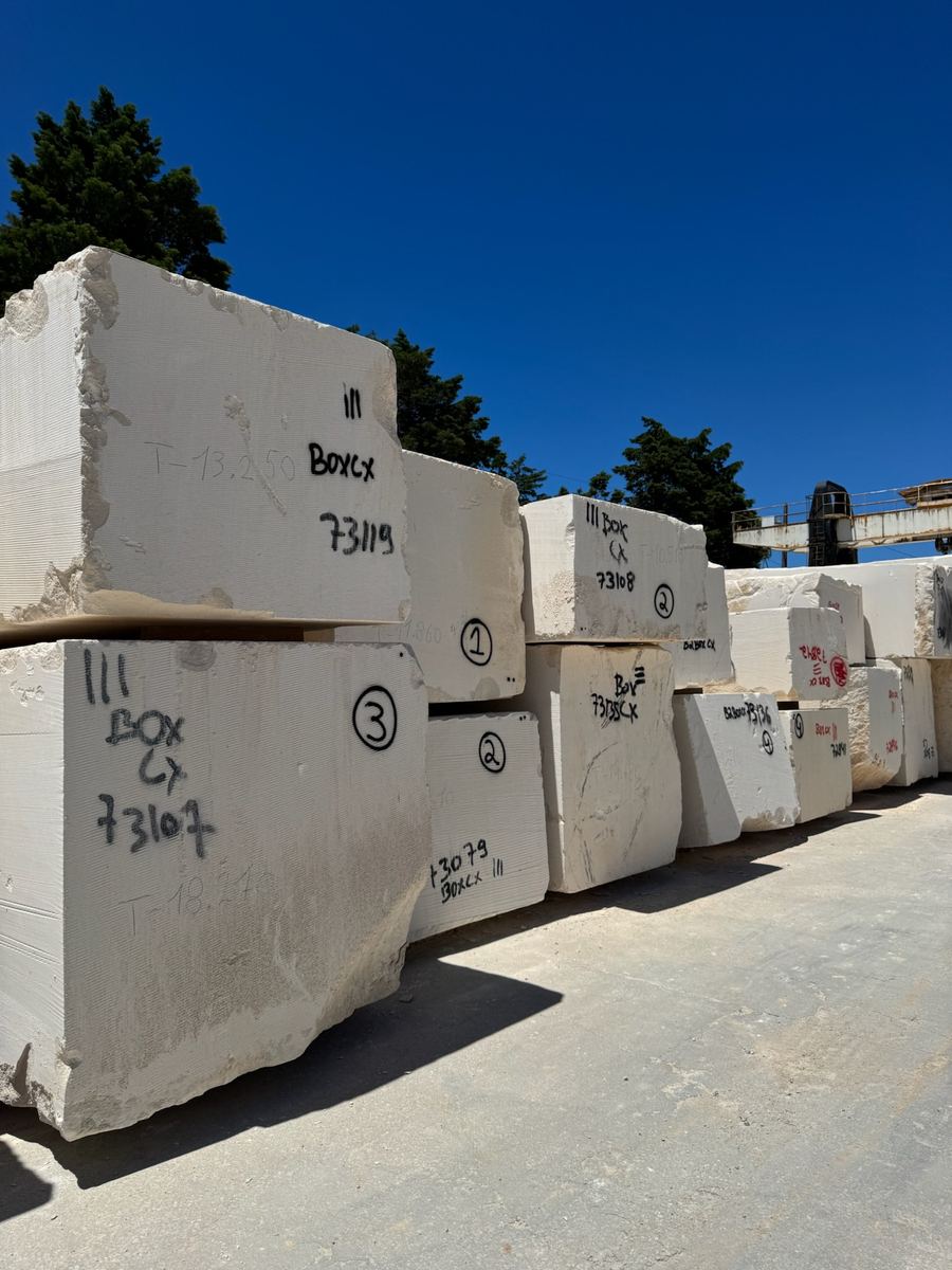 Quarried blocks numbered and stacked in the yard