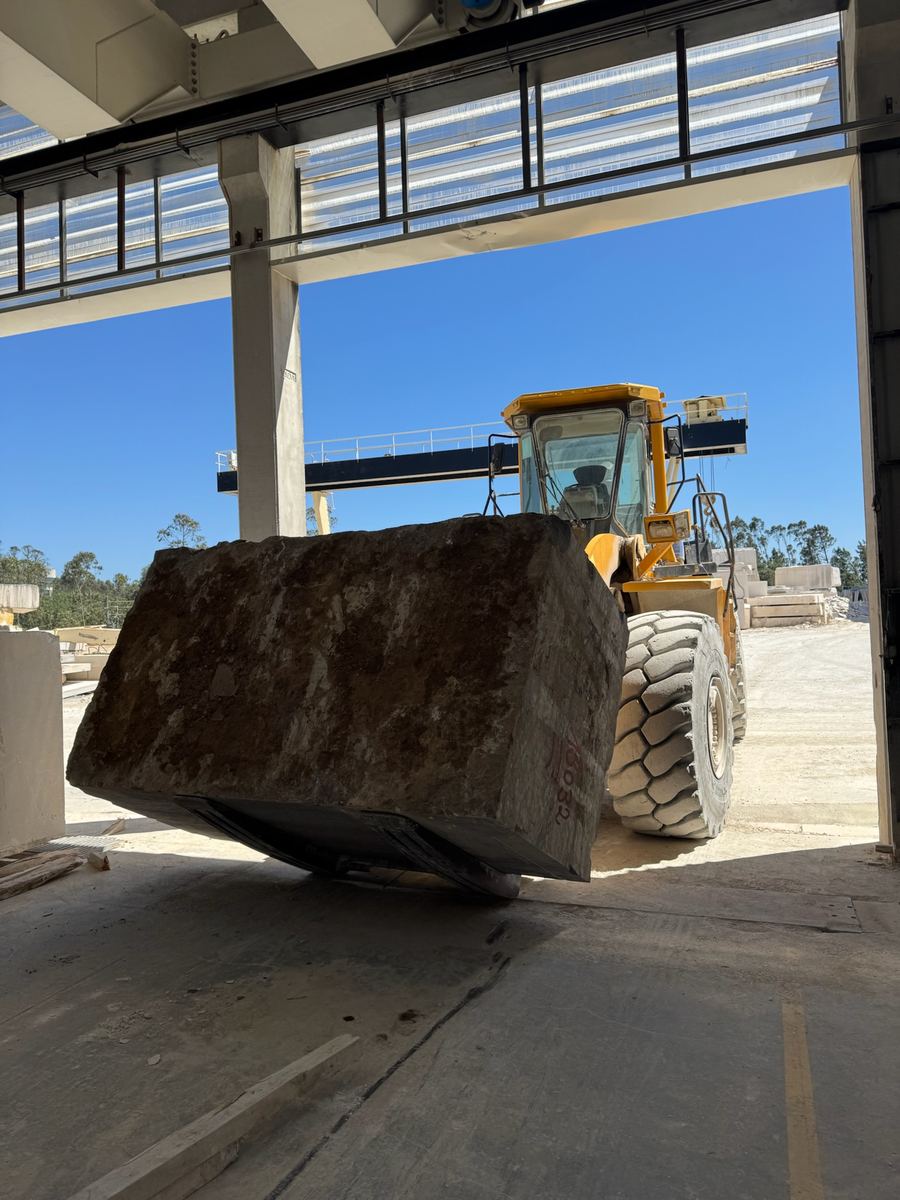Wheel loader carrying a raw block into the shed