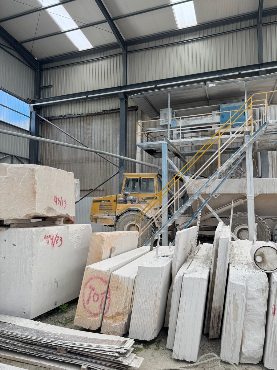 Cut slabs racked in the warehouse